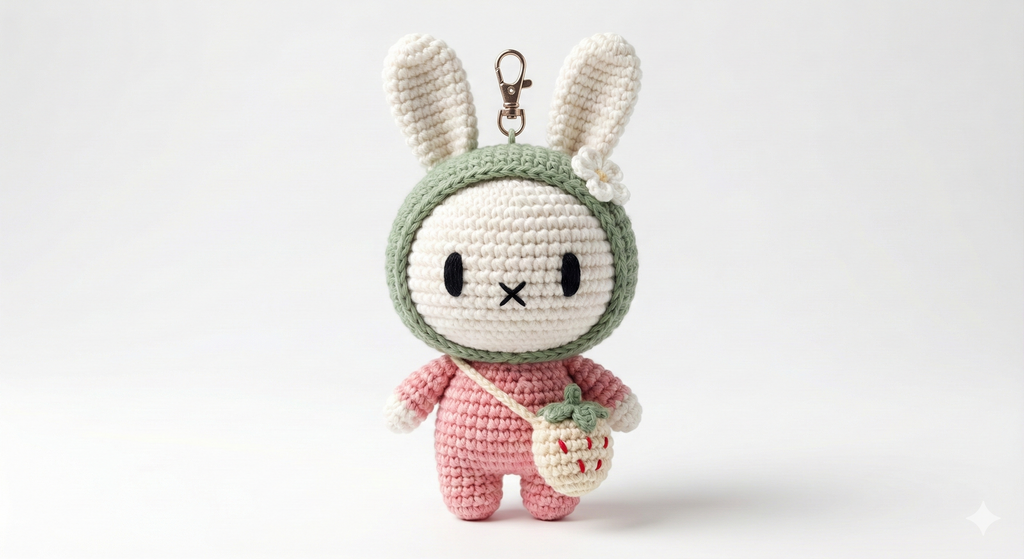 Chibi Bunny Amigurumi Keychain Pattern – Matcha Strawberry Bunny (PDF Crochet Pattern)