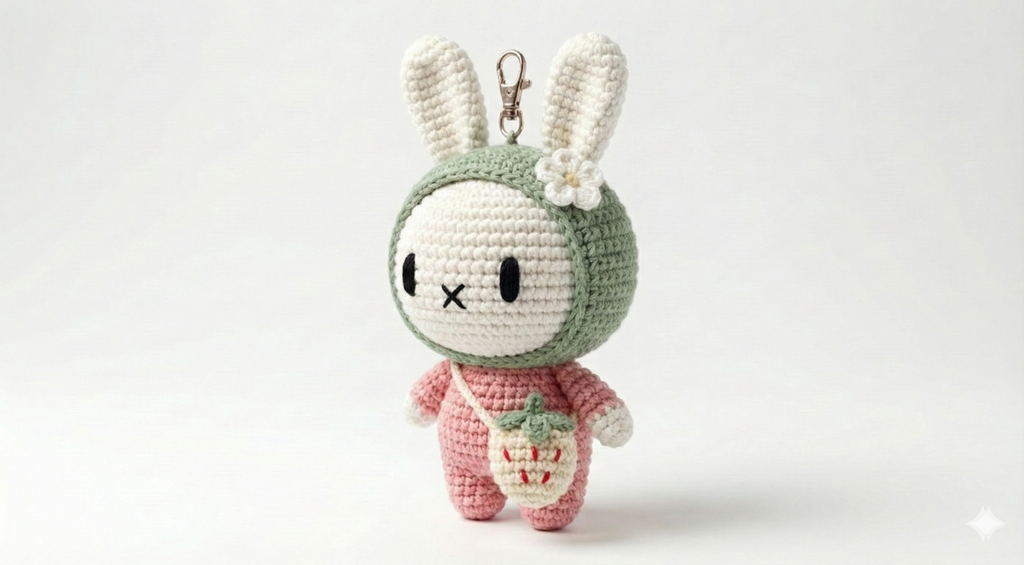 Chibi Bunny Amigurumi Keychain Pattern – Matcha Strawberry Bunny (PDF Crochet Pattern)