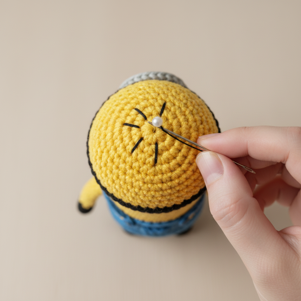 Short One-Eyed Yellow Amigurumi with Embroidered Hair assembly step 11