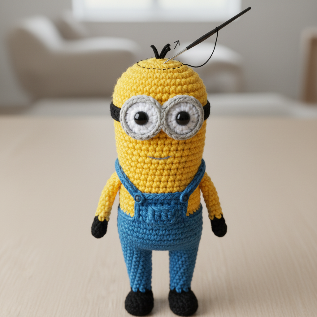 Tall Two-Eyed Yellow Amigurumi with Hair Tuft assembly step 12