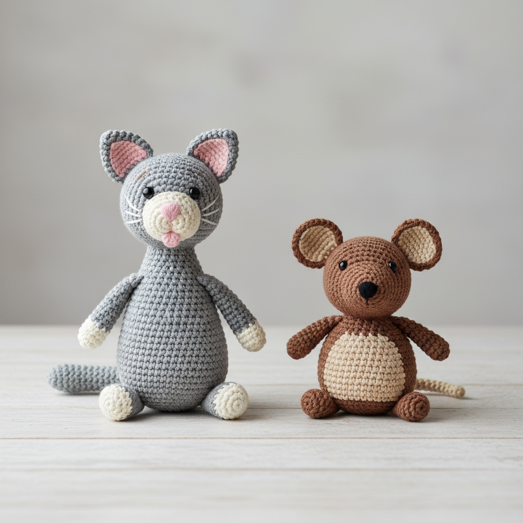 Cartoon Cat and Mouse Amigurumi Crochet Pattern Bundle Image